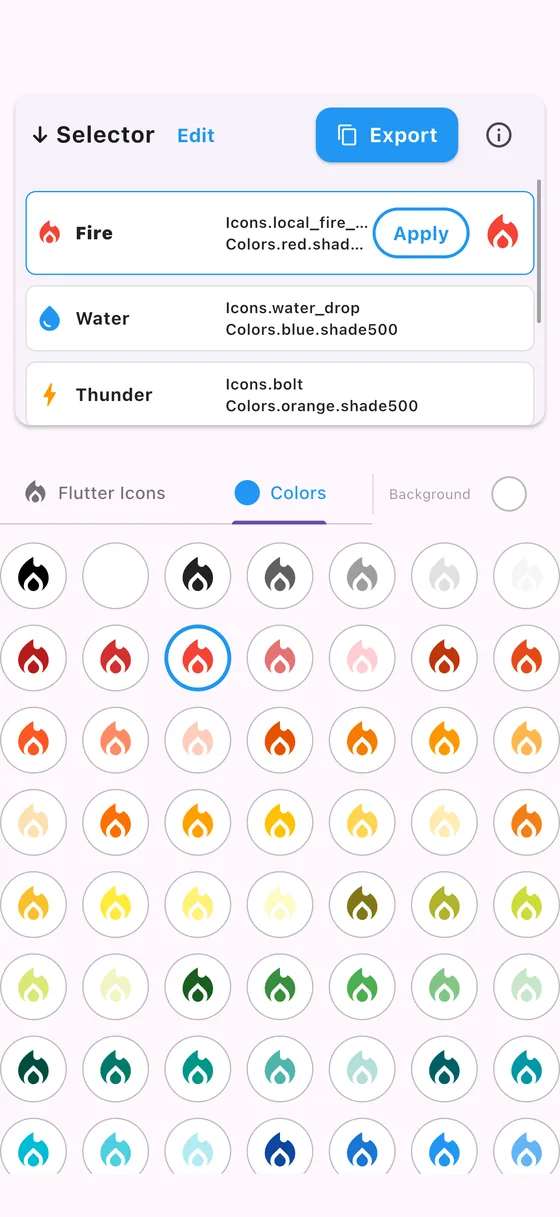 The Colors tab: the flame icon that is currently selected, repeated across the full palette so every shade can be compared side by side, with a ring marking the active choice.