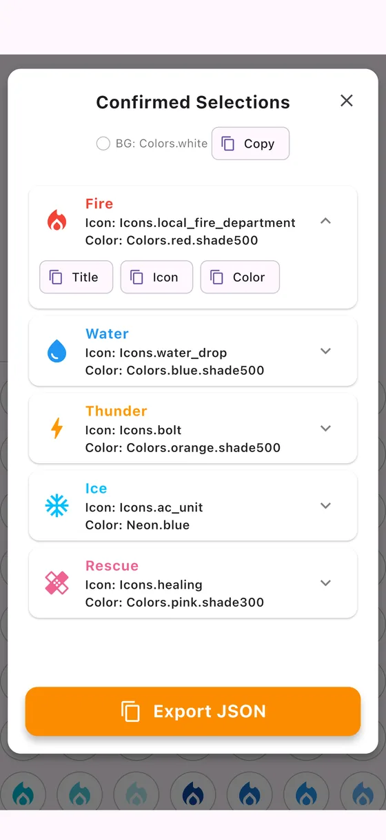 The Confirmed Selections sheet listing six named rows with their icon and color constants, each expandable to copy the title, icon or color on its own, and an Export JSON button at the bottom.
