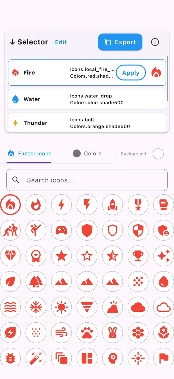 The picker screen: a Selector list holding rows named Fire, Water and Thunder with their Flutter icon and color names, above a searchable grid of icons all previewed in the currently chosen color.