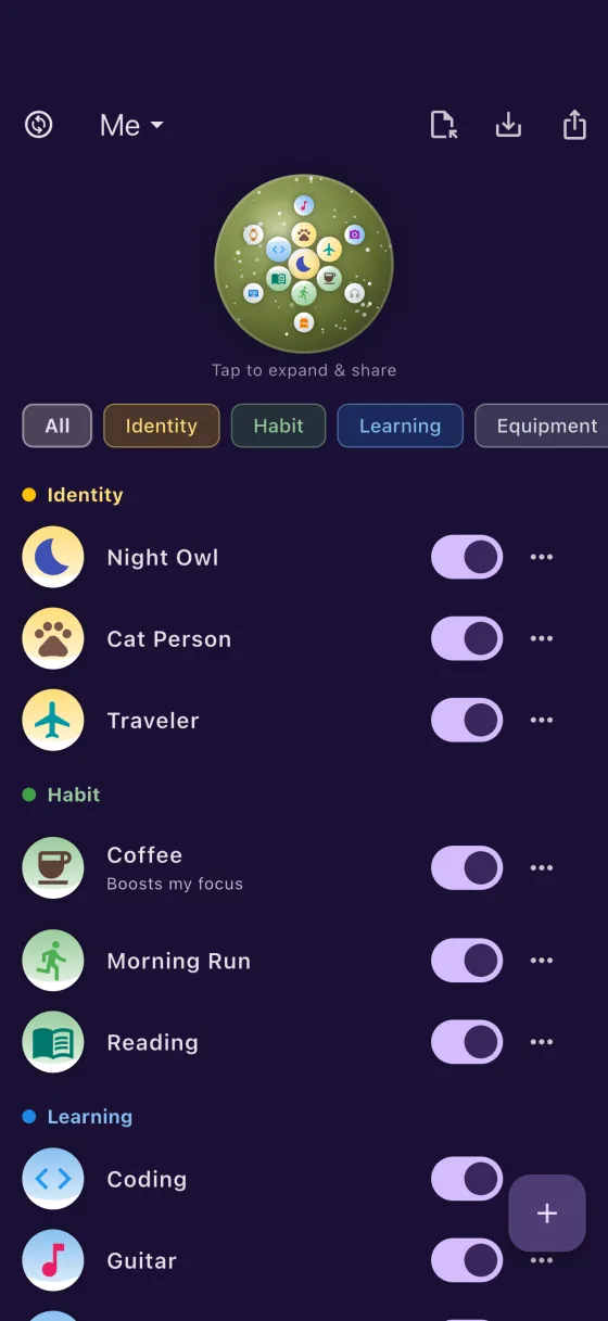 The SelfStatus home screen: a green Cosmos Orb packed with icons, above a list of items grouped under the categories Identity, Habit and Learning, each with a toggle to equip it.