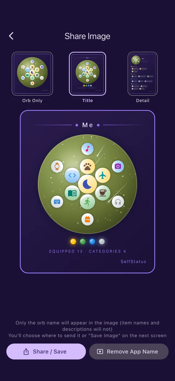 The Share Image screen: three layout thumbnails labelled Orb Only, Title and Detail, with a large preview of the selected Title layout below them.